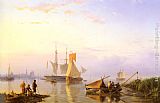 Amsterdam Paintings - Shipping in a Calm, Amsterdam by Hermanus Koekkoek Snr